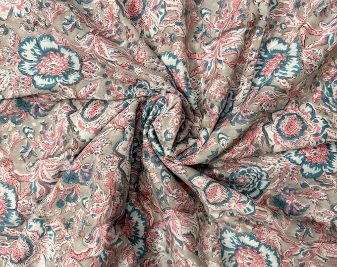 Hand Block Print Cotton Running Fabric, Natural Dye Fabric by the Yard, Handmade Indian Textile, Sewing Craft Fabric