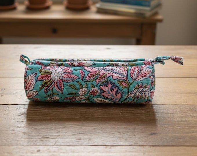 Hand Block Print Cotton Pencil Case, Handmade Zipper Pencil Bag, Stationery Pouch, Eco Friendly School Supplies Organizer