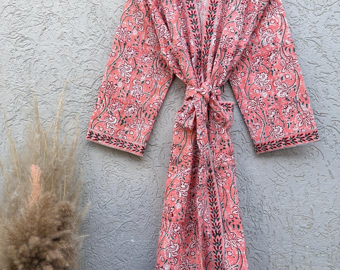 Hand Block Print Waffle Bathrobe for Women | Floral Cotton Kimono Robe | Lightweight Spa Robe | Soft Summer Loungewear | Bridal Gift Robe