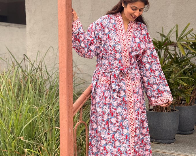 Hand Block Print Waffle Cotton Bathrobe, Lightweight Spa Robe, Natural Dye Kimono Robe, Handmade Unisex Bathrobe, Sustainable Loungewear