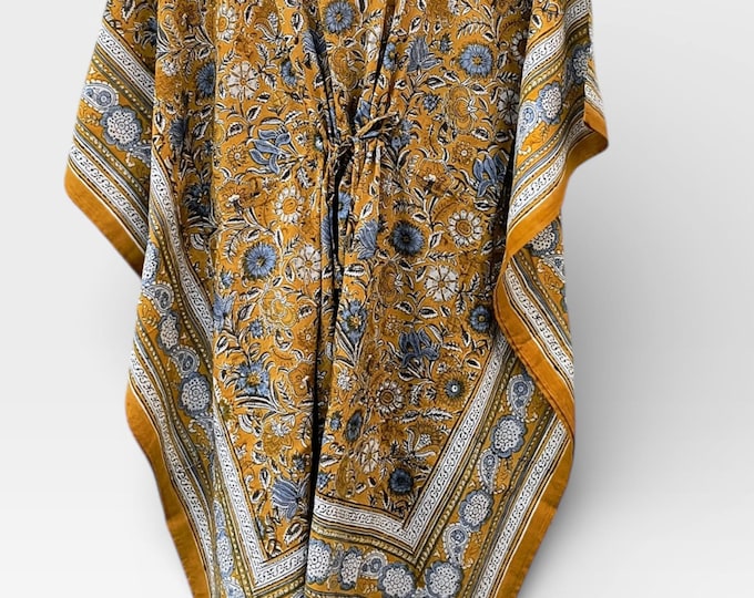 Hand Block Printed Short Cotton Kaftan – Mustard Yellow with Blue & White Floral | Boho Summer Kaftan Dress, Relaxed Fit Tunic