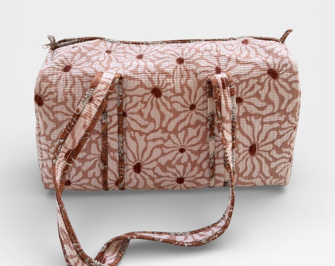 Blush Pink Block Print Duffle Bag – Quilted Cotton Floral Weekender Bag – Handmade Travel Bag – Boho Gym Bag – Overnight Carry On