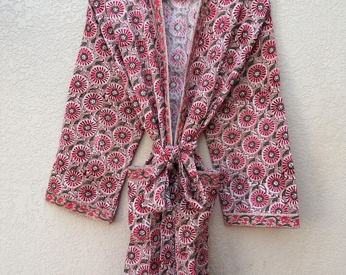 Hand Block Print Waffle Bathrobe for Women | Floral Cotton Kimono Robe | Lightweight Spa Robe | Soft Summer Loungewear | Bridal Gift Robe