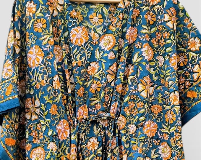 Hand Block Printed Cotton Kaftan – Teal Blue Floral with Mustard Accents | Indian Cotton Kaftan Dress, Boho Resort Wear & Beach Cover Up