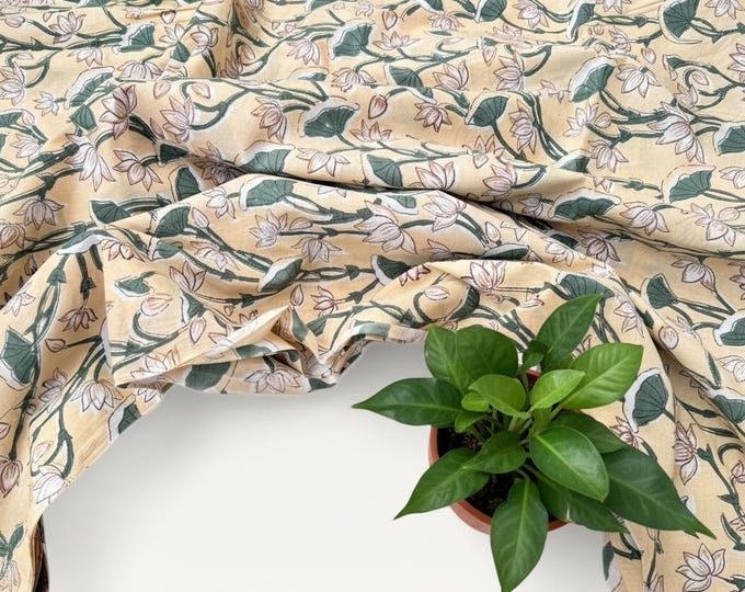 Yellow Floral Hand Block Print Cotton Fabric by Yard, Indian Running Fabric, Jaipur Block Print Textile for Dress, Quilting, Craft Sewing