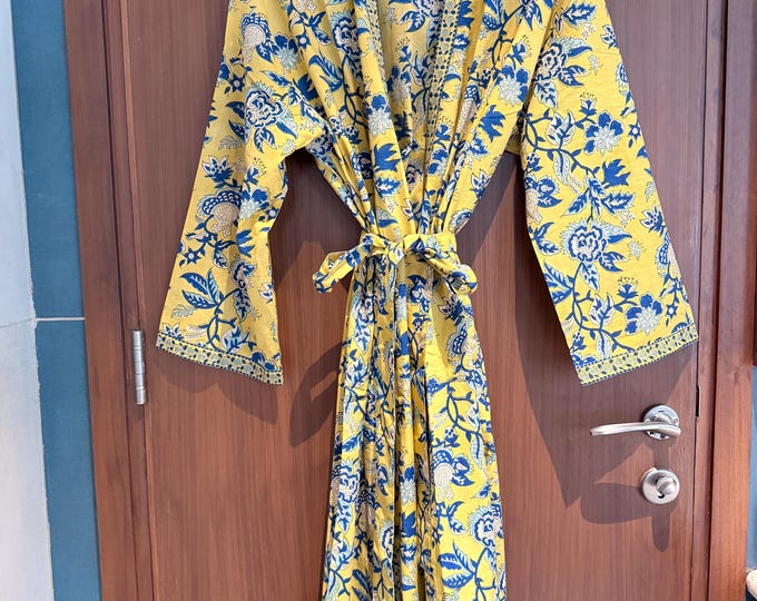 Hand Block Print Cotton Bathrobe, Natural Dye Kimono Robe, Lightweight Spa Robe, Handmade Gift for Her or Him