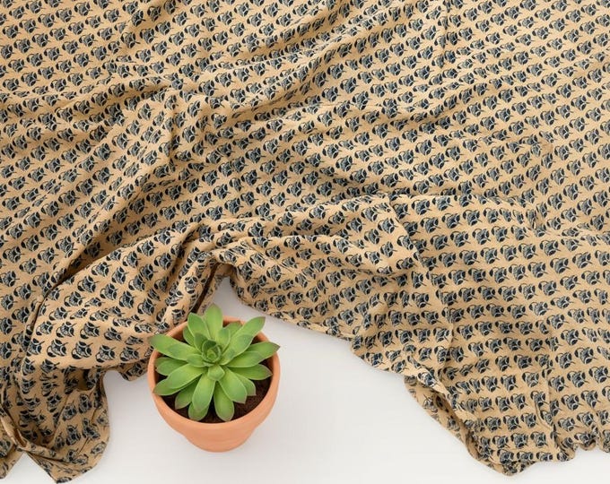 Beige Blue Floral Hand Block Print Cotton Fabric by Yard, Indian Block Print Fabric, Small Floral Cotton Fabric for Quilting, Sewing
