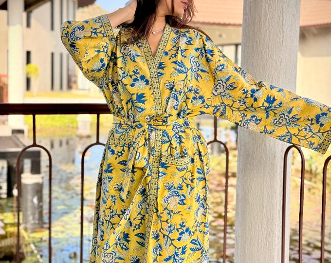Hand Block Print Cotton Bathrobe, Natural Dye Kimono Robe, Lightweight Spa Robe, Handmade Gift for Her or Him