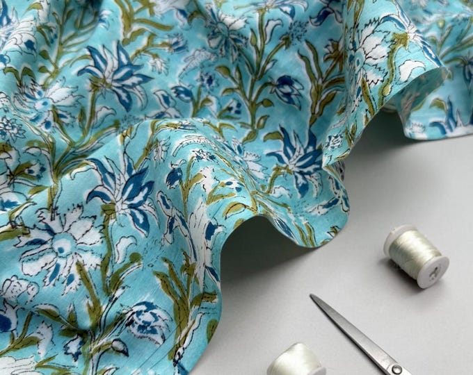 Turquoise Blue Floral Hand Block Print Cotton Fabric by Yard | Indian Aqua Boho Fabric | Soft Lightweight Sewing Fabric | Dressmaking