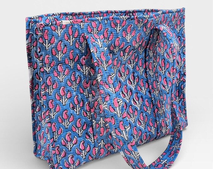 Hand Block Print Cotton Tote Bag, Blue Floral Blockprint Shoulder Bag, Handmade Quilted Tote, Eco Friendly Shopping Bag, Everyday Carry Bag