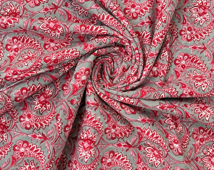 Red Floral Paisley Hand Block Print Cotton Fabric by Yard, Indian Running Fabric, Jaipur Block Print Textile for Dress,Quilting & DIY Sewing