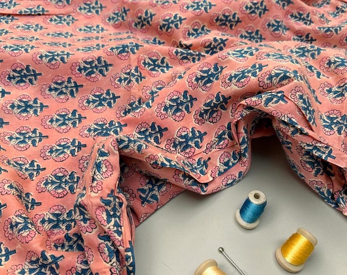Peach Pink Floral Hand Block Print Cotton Fabric by Yard | Indian Boho Fabric | Blue and Rose Motif Soft Cotton | Dressmaking & Craft Fabric