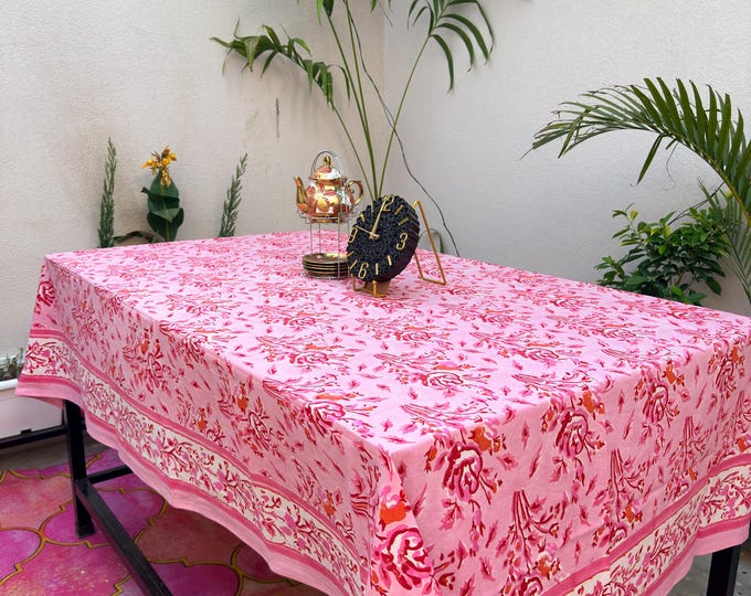 Pink Floral Block Print Cotton Tablecloth – Handmade Indian Table Cover – Boho Dining Decor – Rectangle Table Linen – Farmhouse Tablecloth