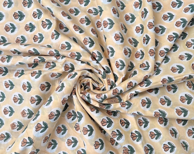 Yellow Floral Hand Block Print Cotton Fabric by Yard, Indian Running Fabric, Jaipur Block Print Textile for Dress, Quilting, Craft Sewing