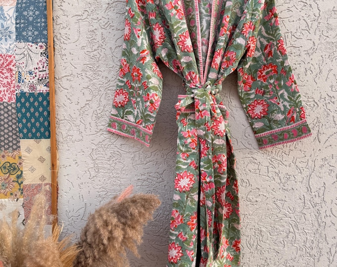 Sage Green Floral Block Print Waffle Bathrobe – Handmade Cotton Kimono Robe – Jaipuri Lightweight Spa Robe – Boho Bridal Getting Ready Gown