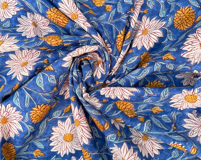 Hand Block Print Cotton Running Fabric, Natural Dye Fabric by the Yard, Handmade Indian Textile, Sewing Craft Fabric