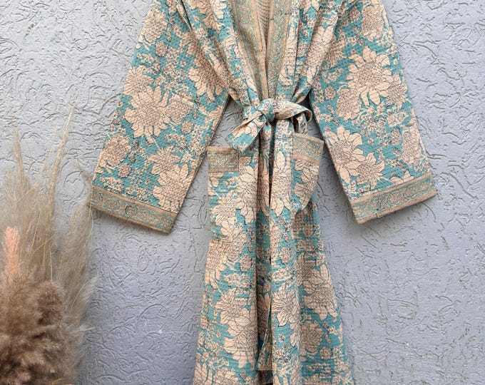 Hand Block Print Waffle Bathrobe for Women | Floral Cotton Kimono Robe | Lightweight Spa Robe | Soft Summer Loungewear | Bridal Gift Robe