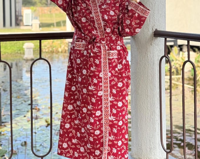 Hand Block Print Cotton Bathrobe, Natural Dye Kimono Robe, Lightweight Spa Robe, Handmade Gift for Her or Him