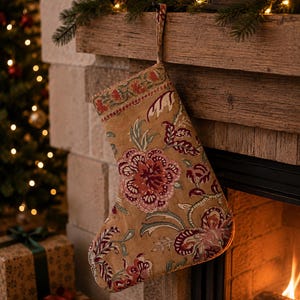 May include: A Christmas stocking made of tan fabric featuring a repeating floral pattern in shades of deep red, muted pink, and sage green. The stocking has a fabric loop at the top for hanging and a decorative border along the upper cuff edge.