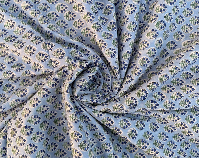 Hand Block Printed Cotton Fabric – Powder Blue Base with White & Indigo Floral motif | Indian Blockprint  Fabric for Sewing  and Home Décor