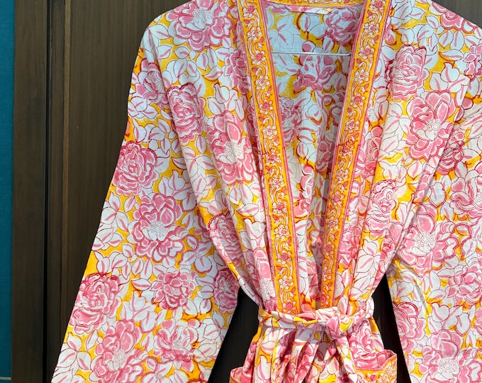 Hand Block Print Cotton Bathrobe, Natural Dye Kimono Robe, Lightweight Spa Robe, Handmade Gift for Her or Him
