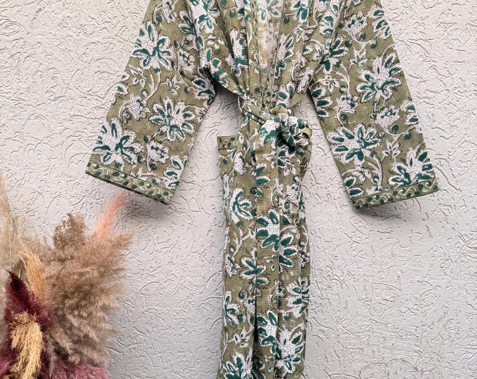 Hand Block Print Waffle Bathrobe for Women | Floral Cotton Kimono Robe | Lightweight Spa Robe | Soft Summer Loungewear | Bridal Gift Robe
