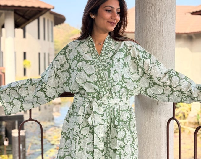 Hand Block Print Cotton Bathrobe, Natural Dye Kimono Robe, Lightweight Spa Robe, Handmade Gift for Her or Him