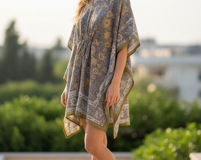 Hand Block Printed Cotton Kaftan – Floral Boho Lounge Top| Boho Summer Kaftan Dress, Relaxed Fit Tunic
