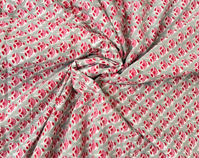 Red Floral Motif Hand Block Print Cotton Fabric by Yard, Indian Running Fabric, Jaipur Block Print Textile for Dress,Quilting & DIY Sewing