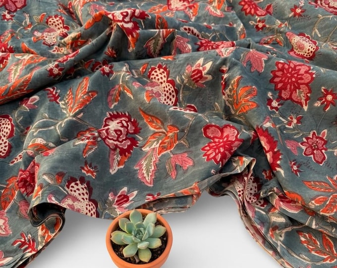 Hand Block Print Dyed Cotton Fabric – Vintage Red Floral on Slate Blue Base | Indian Floral Yardage | Boho Dressmaking & Home Décor Fabric