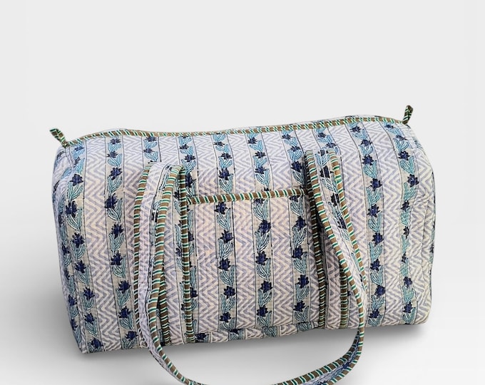 Blue Floral Block Print Quilted Duffle Bag | Handmade Cotton Weekender Bag | Indian Handblock Travel Bag | Boho Overnight Gym Bag