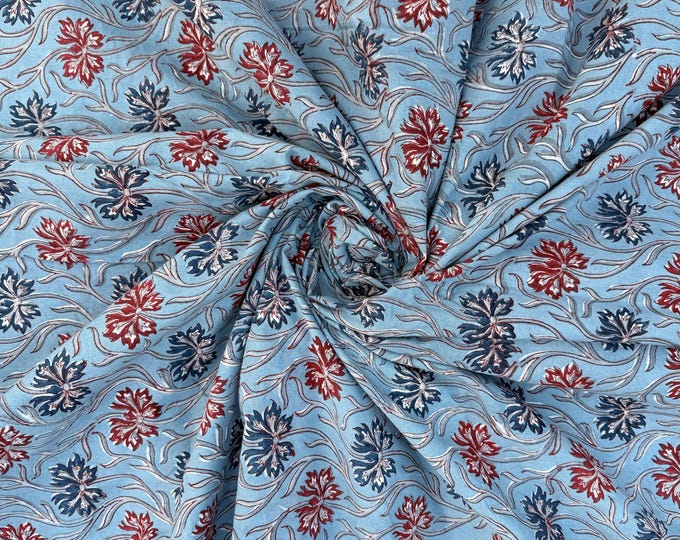 Hand Block Print Cotton Running Fabric, Natural Dye Fabric by the Yard, Handmade Indian Textile, Sewing Craft Fabric