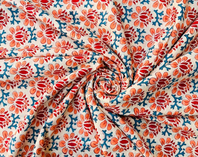 Hand Block Print Cotton Running Fabric, Natural Dye Fabric by the Yard, Handmade Indian Textile, Sewing Craft Fabric