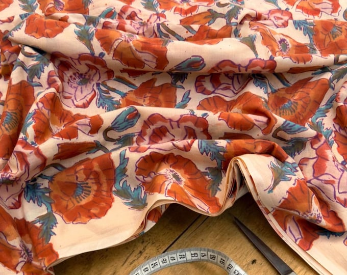 Rust Orange Floral Hand Block Print Cotton Fabric – Large Poppy Print Indian Cotton by Yard, Soft Lightweight Boho Dress Fabric, Vintage