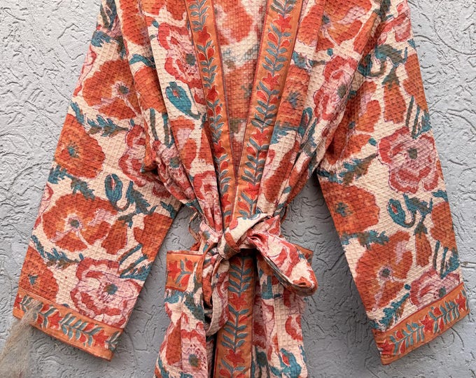 Terracotta Floral Block Print Cotton Bathrobe | Handmade Waffle Kimono Robe | Lightweight Summer Robe | Boho Lounge Wear | Gift for Her
