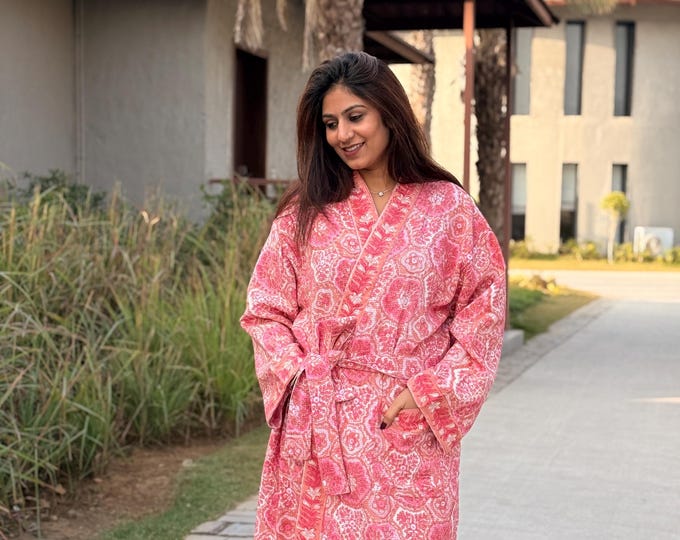 Hand Block Print Waffle Cotton Bathrobe, Lightweight Spa Robe, Natural Dye Kimono Robe, Handmade Unisex Bathrobe, Sustainable Loungewear