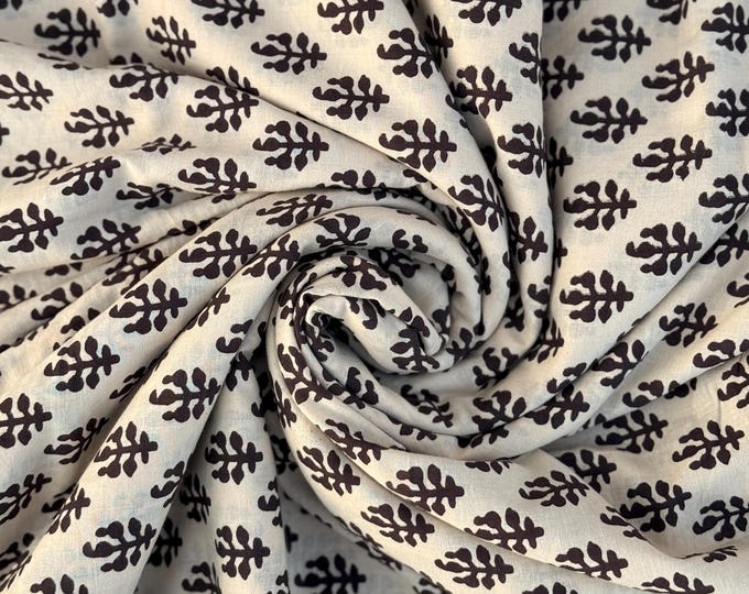 Bagru Block Print Cotton Fabric by Yard, Black Floral Booti on Beige Natural Dye Fabric,Block Printed Indian Textile, Sewing Quilting Fabric