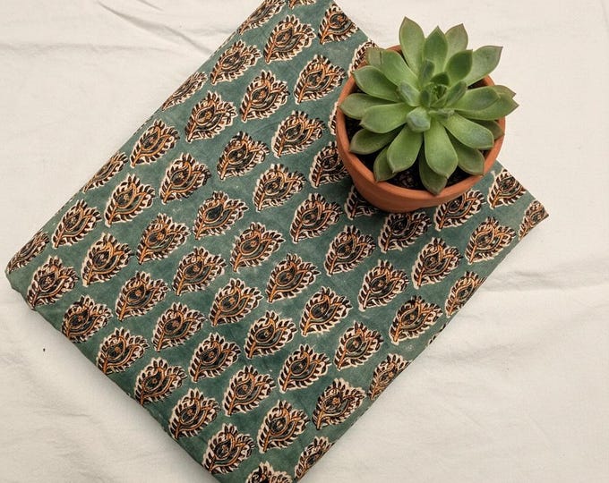Hand Block Printed Cotton Fabric – Green Paisley Running Fabric – Indian Floral Yardage – Boho Sewing Fabric – Soft Breathable Cotton