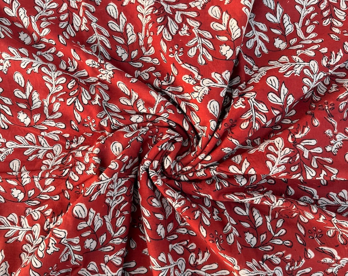 Bagru Block Print Cotton Fabric by Yard, Red Floral Vine Natural Dye Fabric, Hand Block Printed Indian Textile, Sewing Quilting Craft Fabric