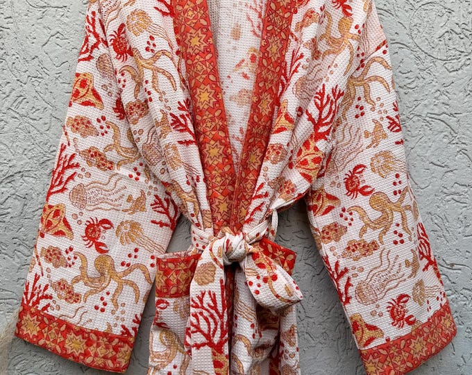 Coral Sea Block Print Cotton waffle Bathrobe | Handmade Kimono Robe | Lightweight Waffle Cotton Robe | Beach Spa Robe | Coastal Gift for Her