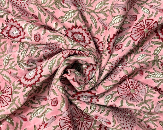 Hand Block Print Cotton Running Fabric, Natural Dye Fabric by the Yard, Handmade Indian Textile, Sewing Craft Fabric