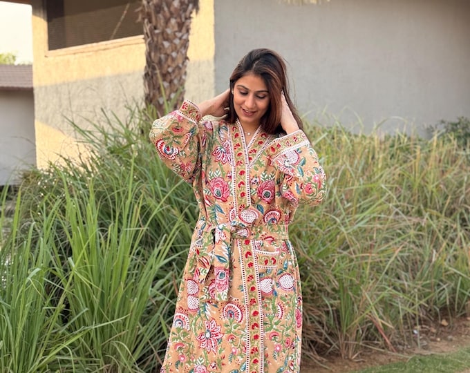 Hand Block Print Waffle Cotton Bathrobe, Lightweight Spa Robe, Natural Dye Kimono Robe, Handmade Unisex Bathrobe, Sustainable Loungewear