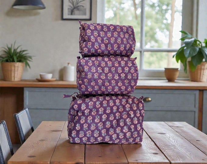 Hand Block Print Cotton Pouch Bag, Handmade Makeup Bag, Toiletry Organizer, Travel Cosmetic Pouch, Sustainable Gift