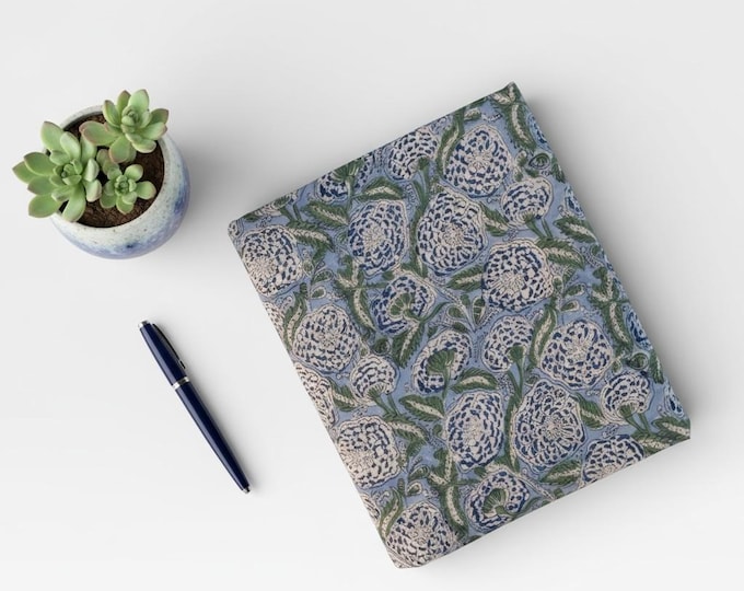 Hand Block Printed Cotton Fabric – Powder Blue Base with White & Indigo Floral Design | Indian Blockprint  Fabric for Sewing  and Home Décor