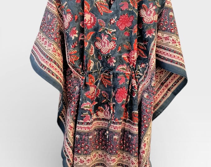 Hand Block Printed Short Cotton Kaftan – Deep Gray with Red & Ivory Floral | Boho Summer Kaftan Dress, Relaxed Fit Tunic