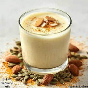 Pode incluir: Um copo de leite dourado de curcuma, cremoso e amarelo-pálido, coberto com amêndoas laminadas e uma pitada de especiaria laranja. O copo está rodeado por amêndoas inteiras, sementes de abóbora verdes e curcuma em pó, com o texto Golden Turmeric Milk e Sunita's Kitchen.