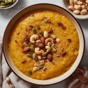 May include: A bowl of golden-yellow porridge topped with a mix of nuts, seeds, and dried cranberries. The bowl has a light brown rim and sits on a white surface. A small bowl of cashews is in the background.