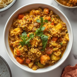 May include: A white bowl filled with a vibrant rice dish. The dish features yellow rice, orange carrots, and green peas, garnished with fresh cilantro. Other bowls of food are in the background.
