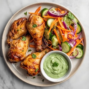 May include: A plate of grilled chicken drumsticks, served with a fresh salad of cucumbers, carrots, and red onion. A small bowl of green sauce is also included. The food is arranged on a round, off-white plate.