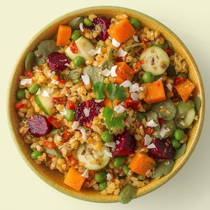 Puede incluir: Vista aérea de un cuenco de cereales colorido. El cuenco contiene una mezcla de cereales, verduras naranjas en cubos, guisantes verdes, rodajas de pepino, remolacha roja y coco rallado. El cuenco amarillo tiene un borde texturizado.